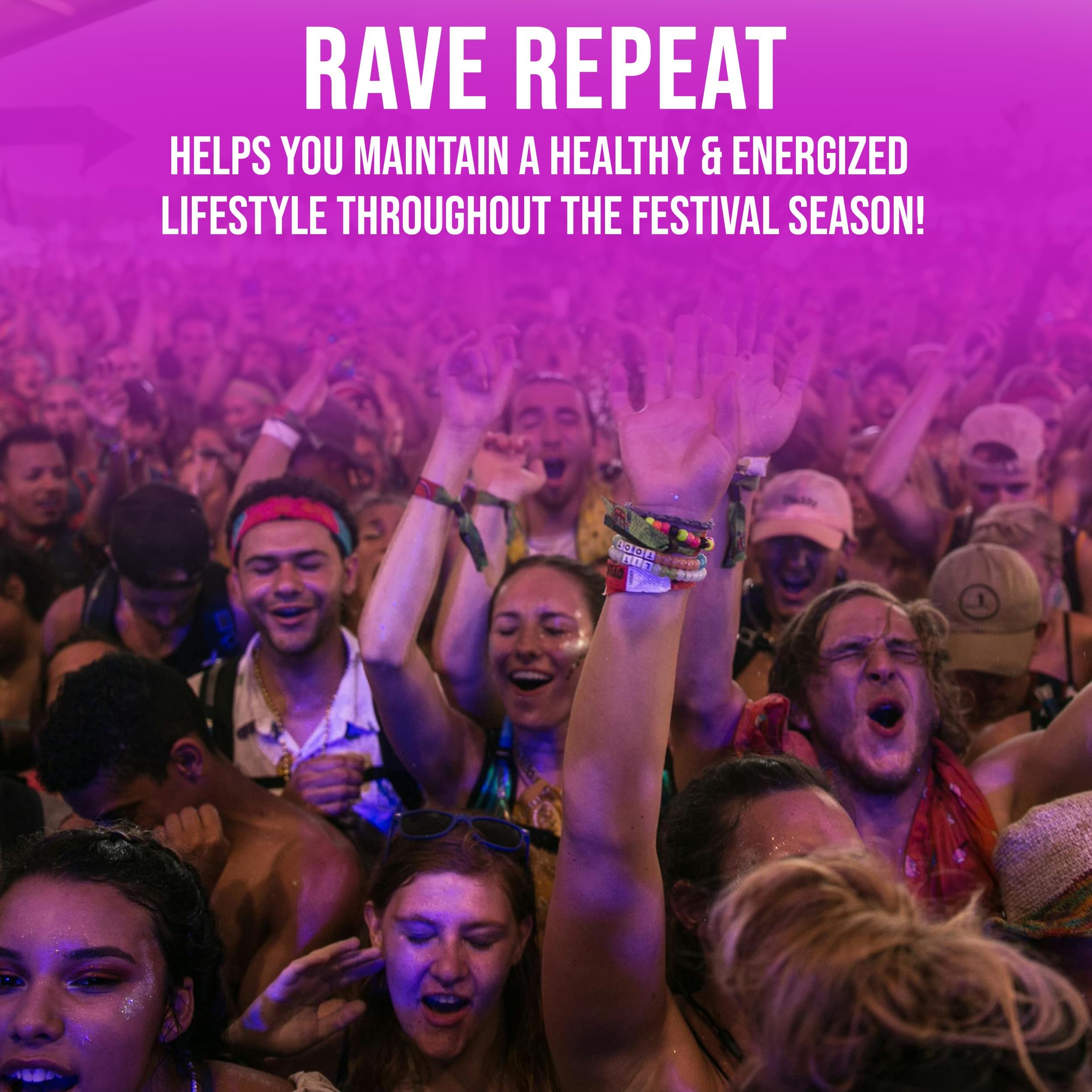 Rave Repeat CoQ10 component supports daily energy during late-night events.