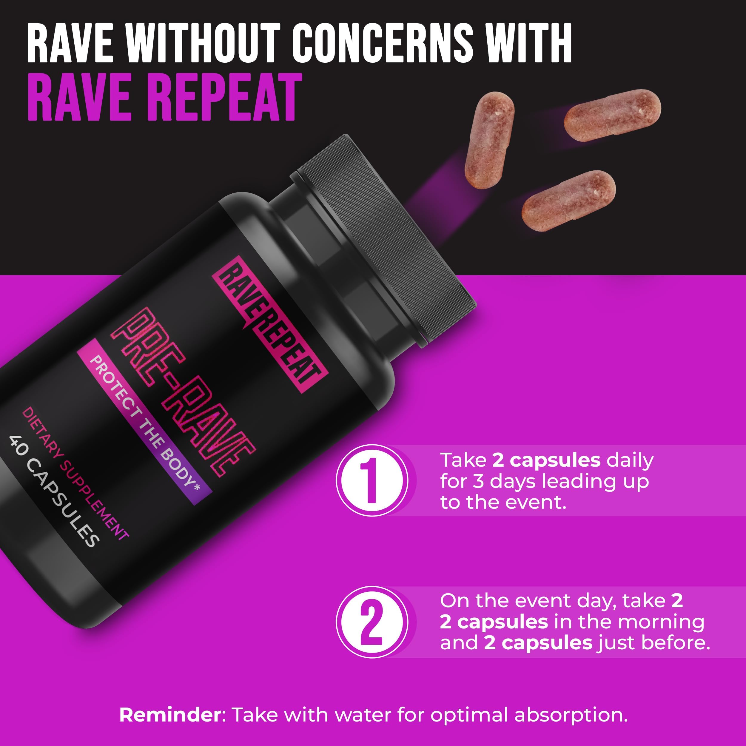 Rave Repeat event-day dosing shown with water for quick intake.