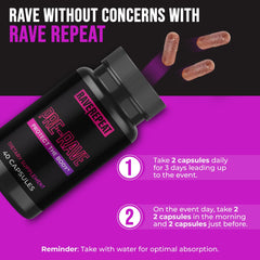 Rave Repeat event-day dosing shown with water for quick intake.