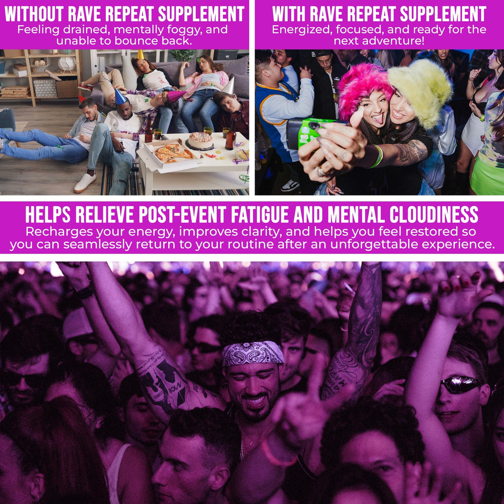 Rave Repeat magnesium citrate promotes muscle comfort and recovery during long nights.