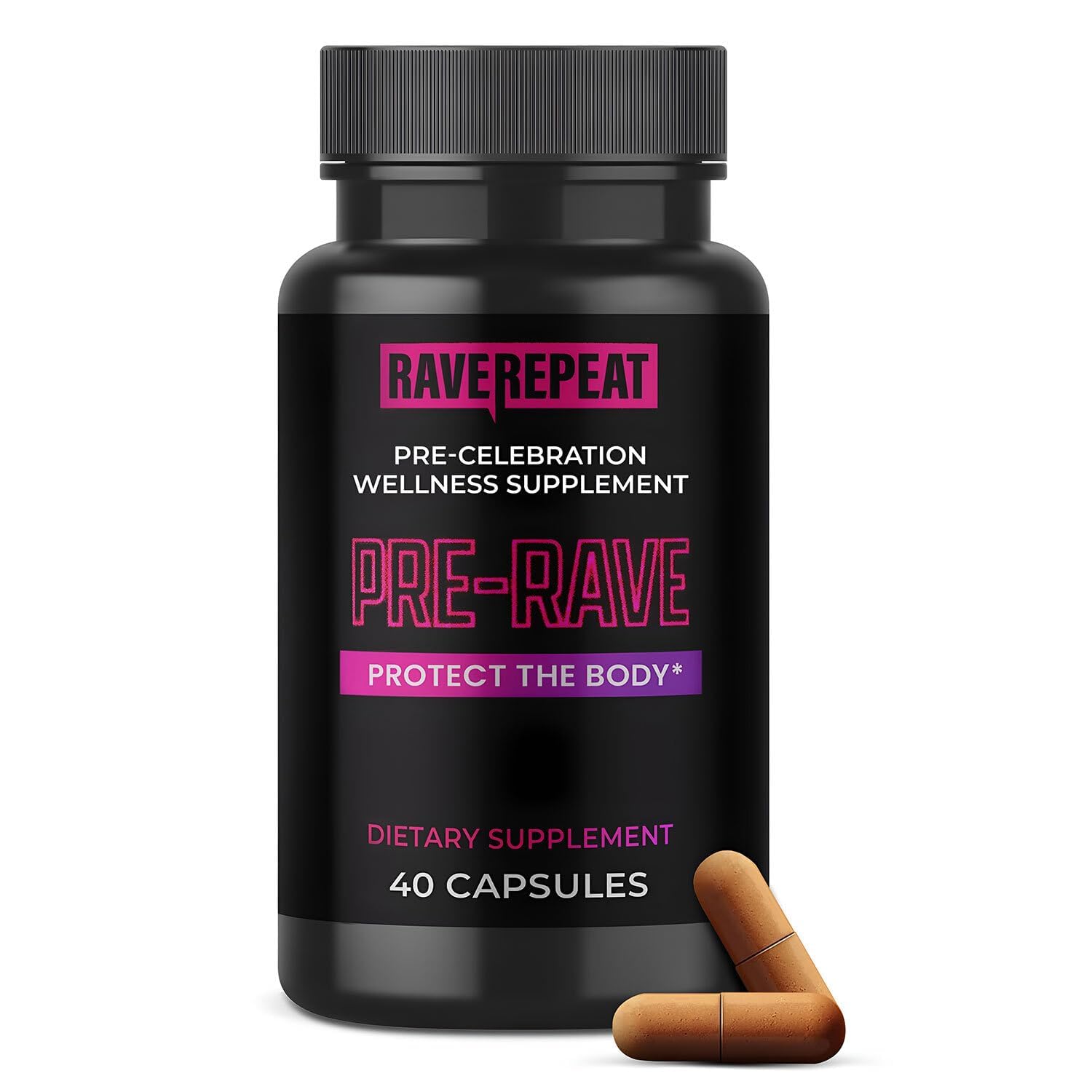 Rave Repeat pre-rave supplement bottle supporting energy and jaw comfort before a rave.