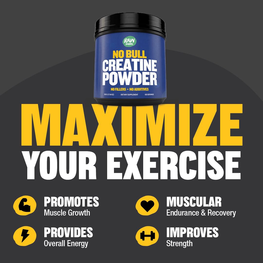 Raw Barrel creatine monohydrate powder jar highlights bulk storage and purity
