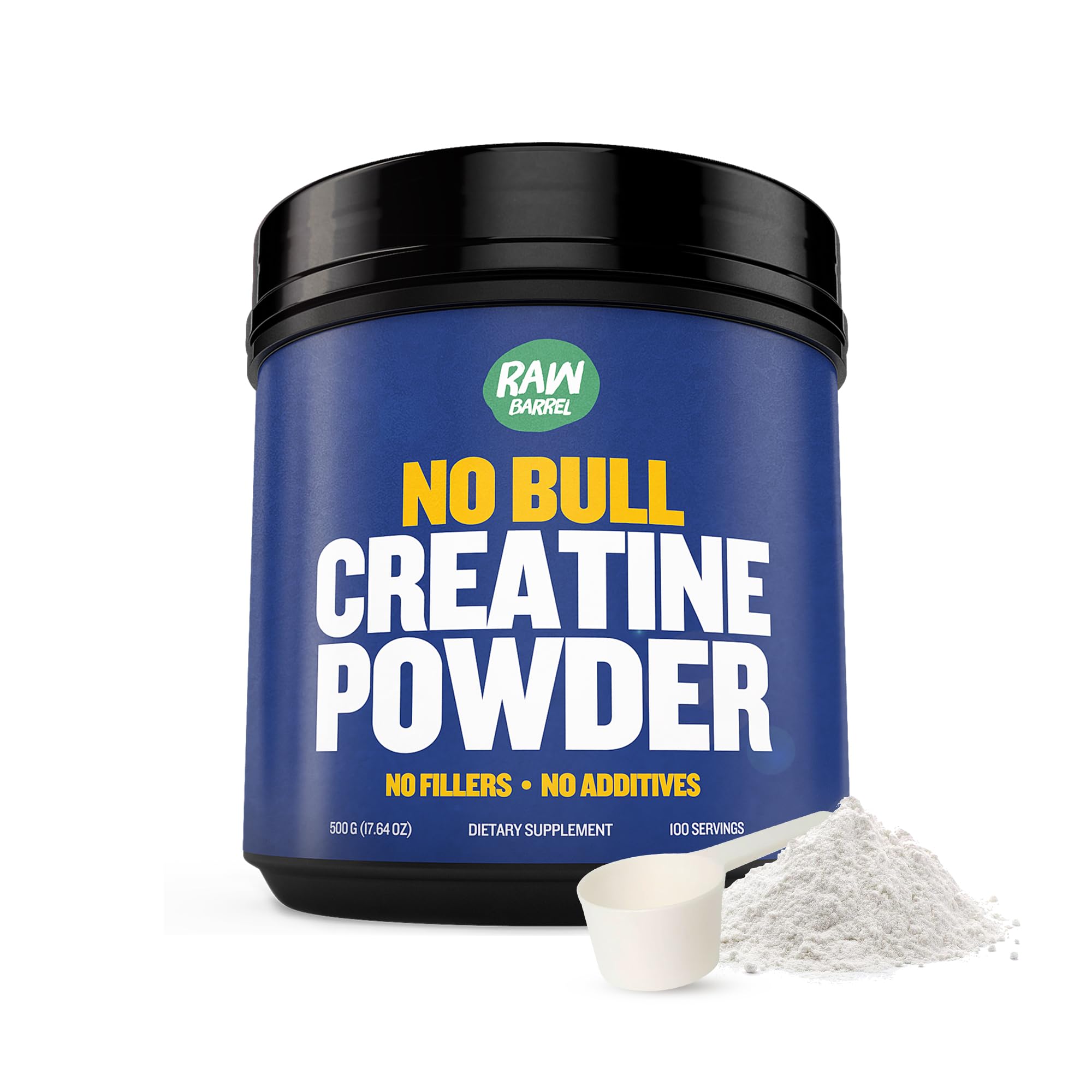 Raw Barrel No Bull Creatine container showing precise dosing for clean supplementation