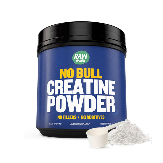 Raw Barrel No Bull Creatine container showing precise dosing for clean supplementation