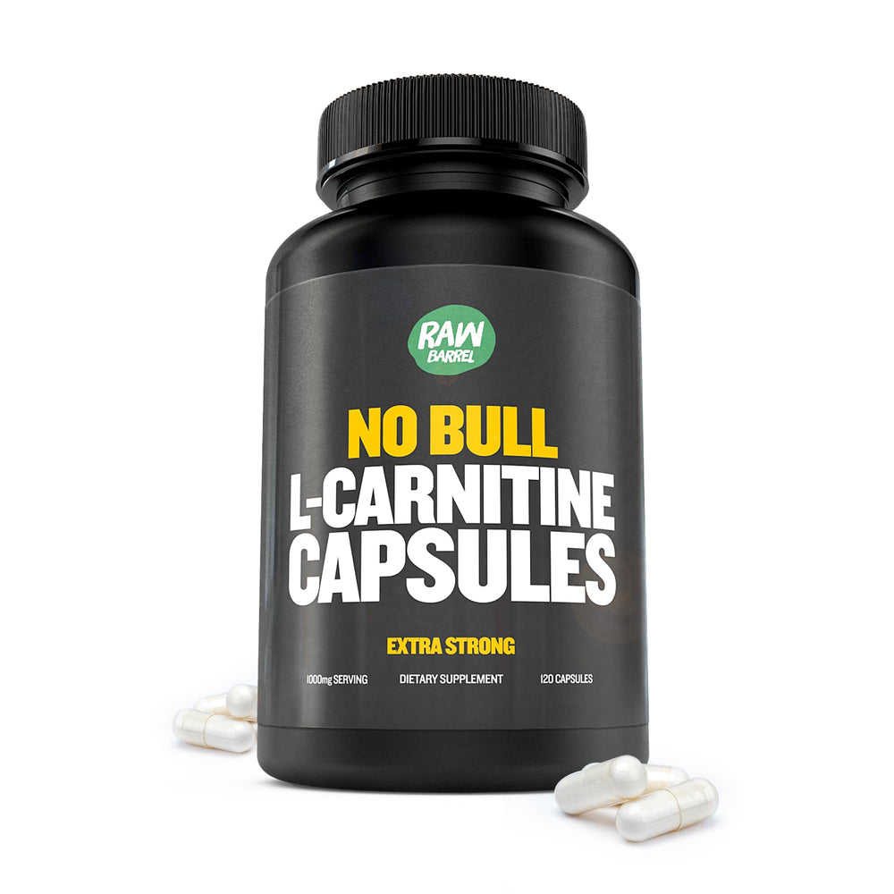 Raw Barrel No Bull L-Carnitine bottle with easy to swallow capsules for daily focus