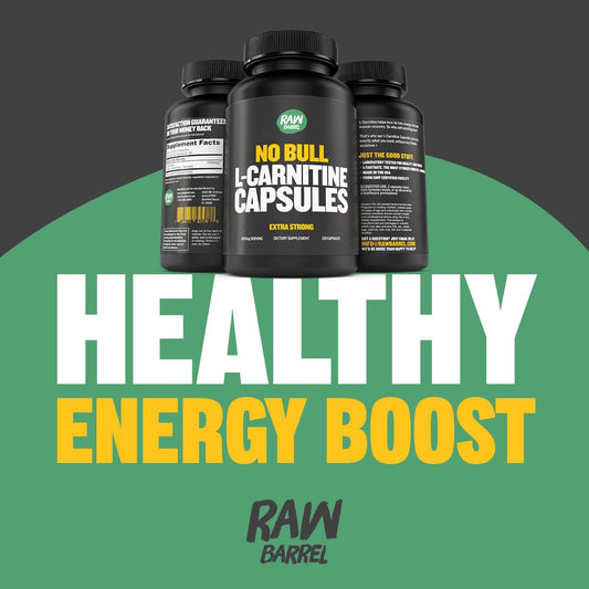 Closeup of Raw Barrel No Bull L-Carnitine capsules showing compact daily supplement
