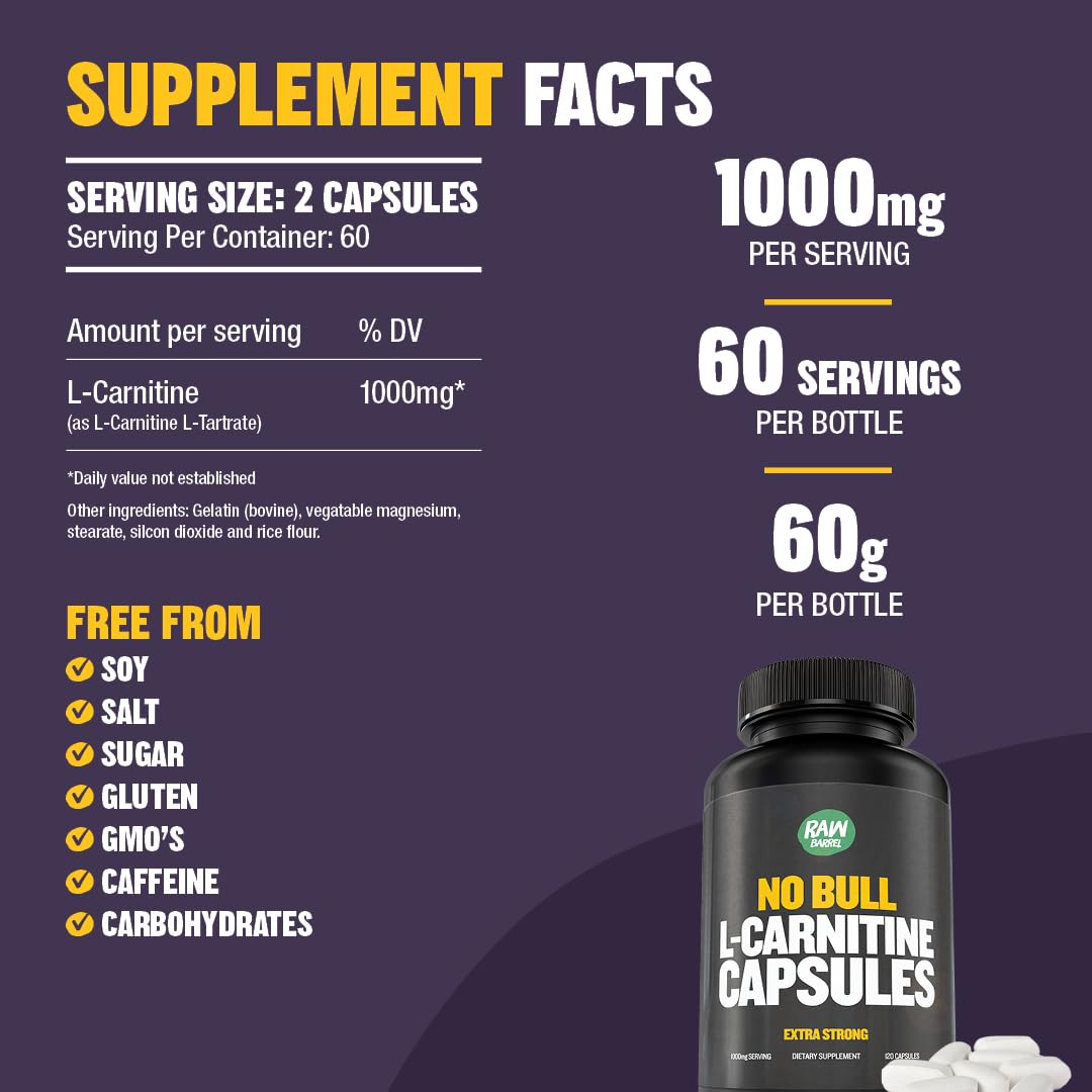 Detail of Raw Barrel No Bull L-Carnitine label highlighting non GMO and caffeine free