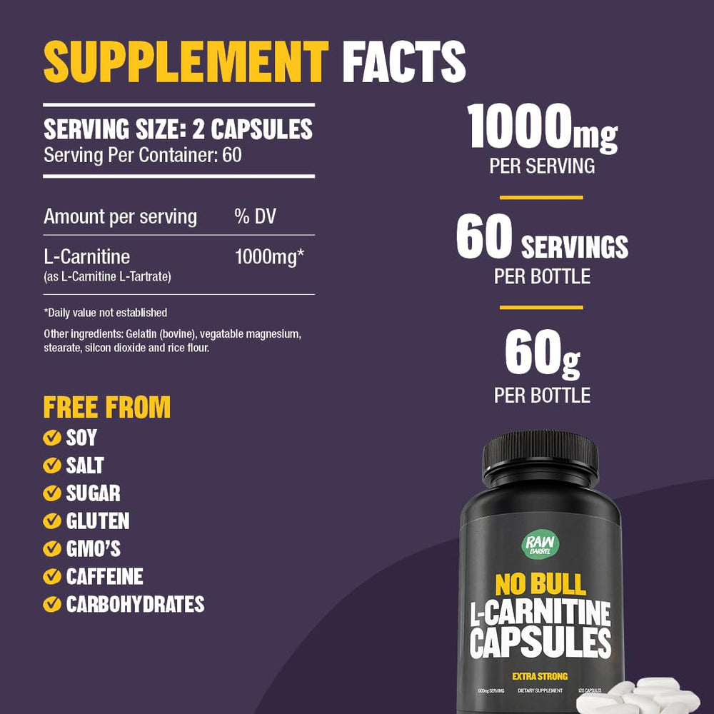 Detail of Raw Barrel No Bull L-Carnitine label highlighting non GMO and caffeine free