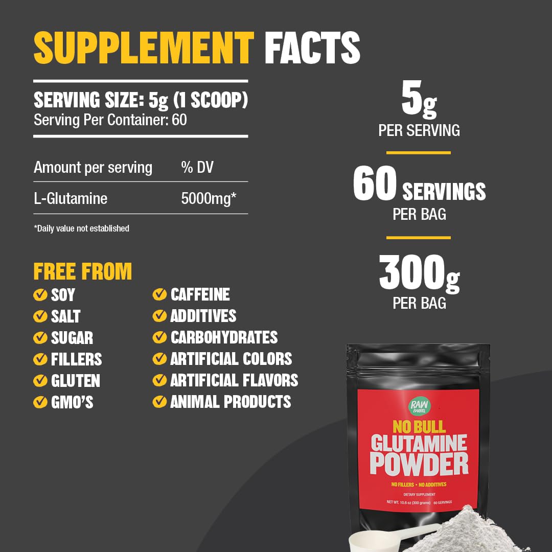 Raw Barrel No Bull L-Glutamine bottle on shelf signals quality.