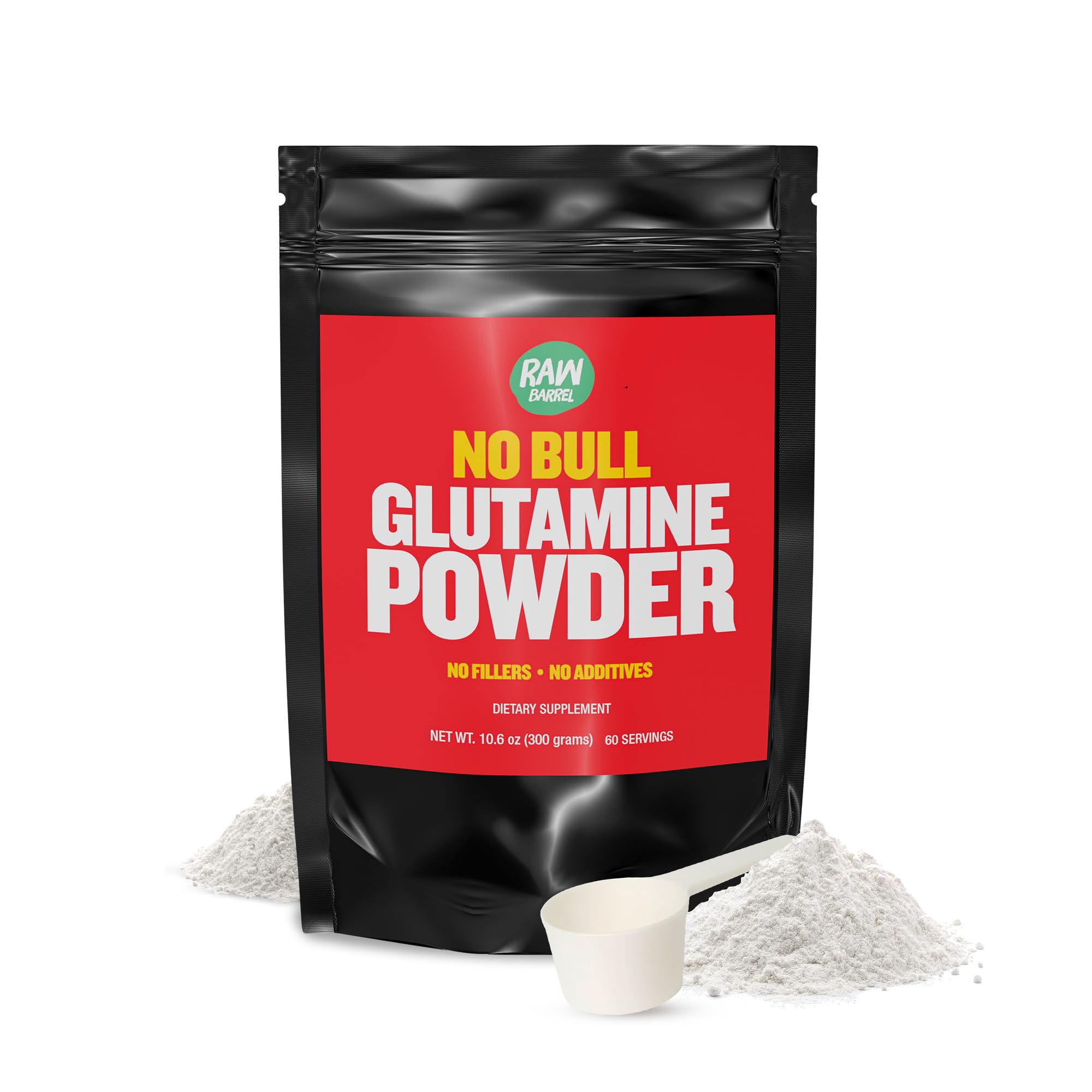 Raw Barrel No Bull L-Glutamine packaging shows flavor-free supplement.