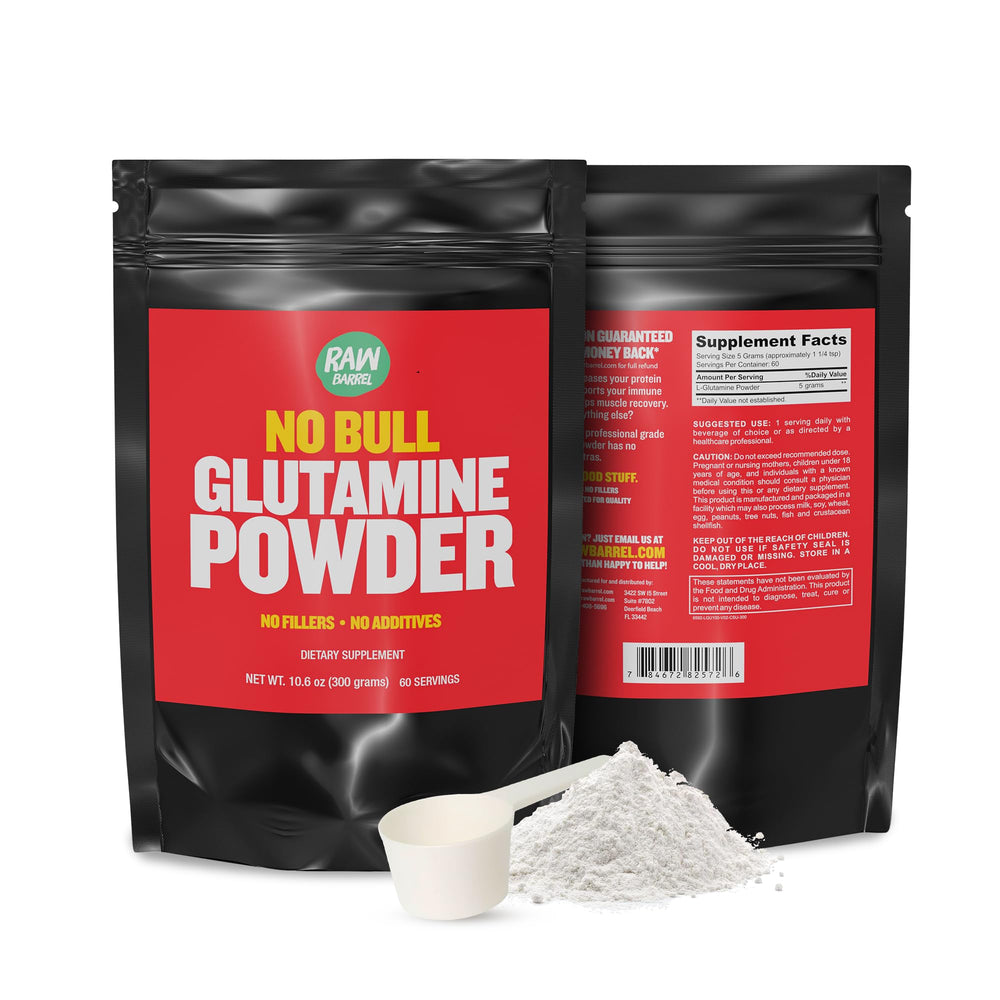 Raw Barrel No Bull L-Glutamine symbols indicate gluten-free and non-GMO.