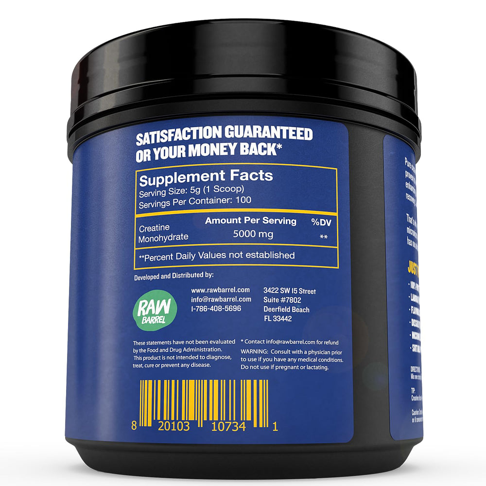 Non-GMO, gluten-free and sugar-free labeling on Raw Barrel No Bull Creatine