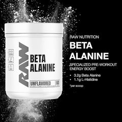 RAW Beta Alanine Powder label closeup emphasizing clean USA-made quality