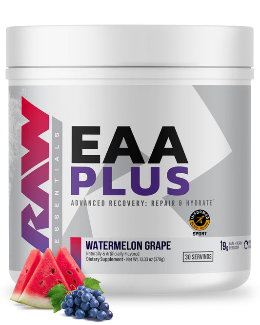 RAW EAA Plus bottle being poured for an endurance-supporting drink.