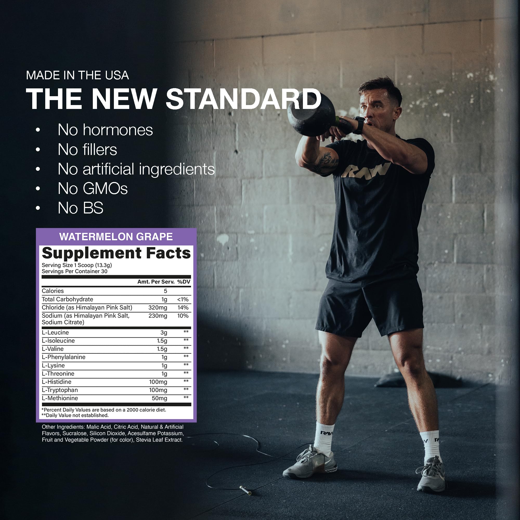 RAW EAA Plus labeling and Informed Sport certification emphasize quality.