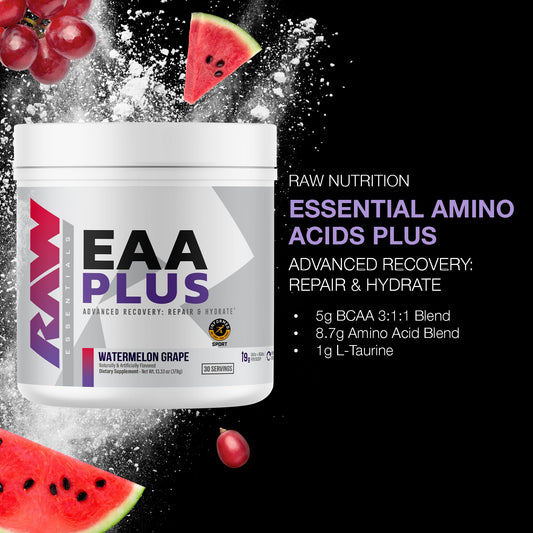 RAW EAA Plus scoop ready to mix into a flavorful watermelon grape shake to support hydration goals.