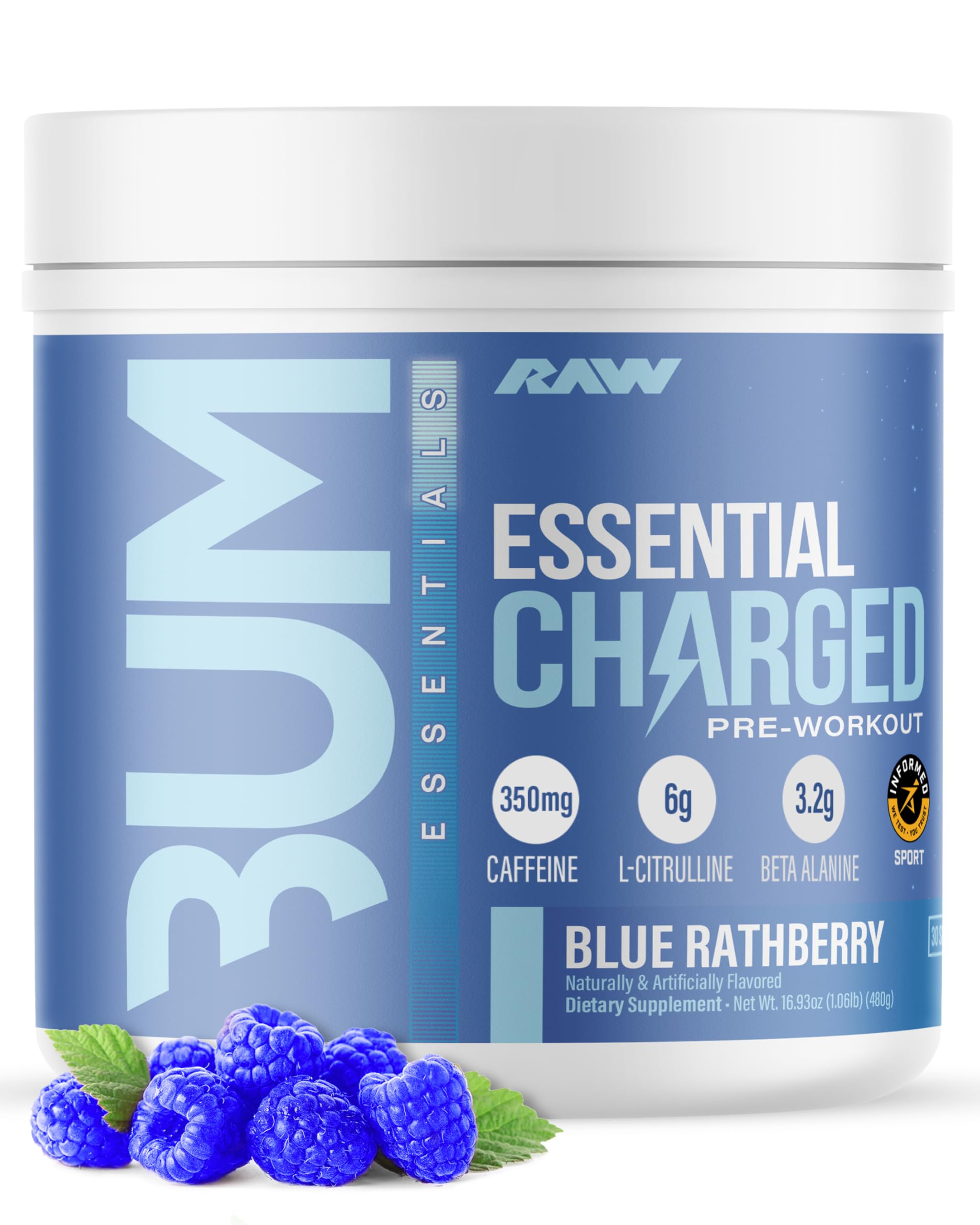 RAW Essential CHARGED bottle with blue raspberry flavor boosts focus and energy.