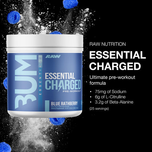 RAW Essential CHARGED blue raspberry scoop ready for quick mix.