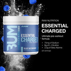 RAW Essential CHARGED blue raspberry scoop ready for quick mix.