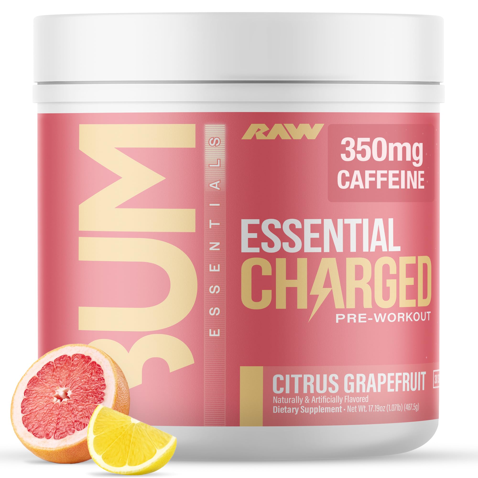 RAW Essential Charged pre-workout bottle with citrus flavor for focused workouts.