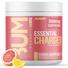 RAW Essential Charged pre-workout bottle with citrus flavor for focused workouts.