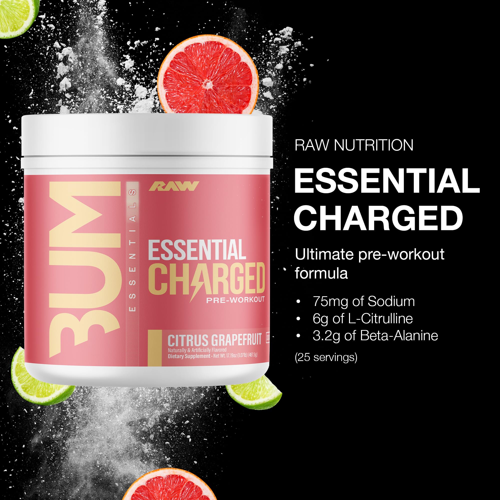 RAW Essential Charged powder pour shows texture and mixability for smooth drinks.