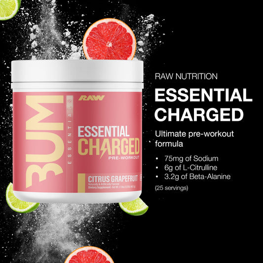 RAW Essential Charged powder pour shows texture and mixability for smooth drinks.