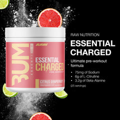 RAW Essential Charged powder pour shows texture and mixability for smooth drinks.