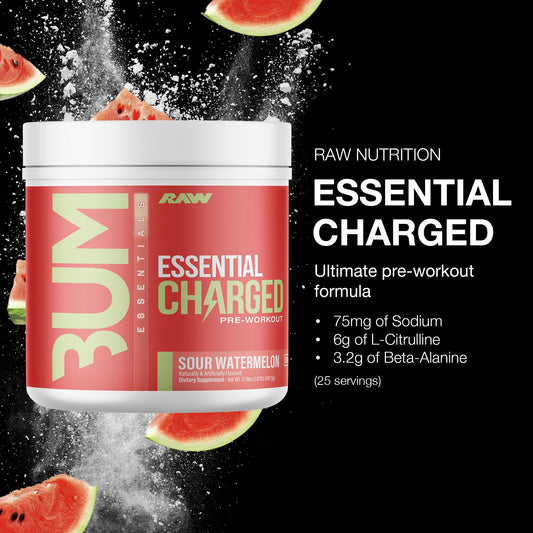RAW Essential CHARGED Sour Watermelon powder scoop ready for a clean energy boost