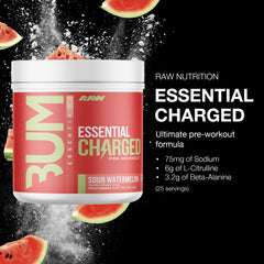 RAW Essential CHARGED Sour Watermelon powder scoop ready for a clean energy boost