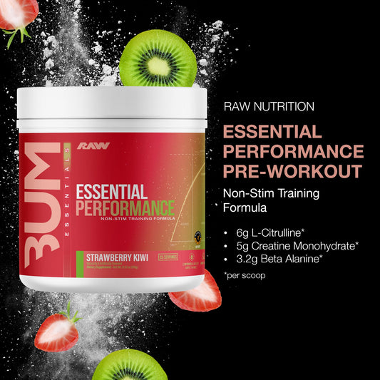 RAW Essential Performance bottle and scoop ready for a precise non-stim pre-workout routine.
