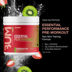 RAW Essential Performance bottle and scoop ready for a precise non-stim pre-workout routine.