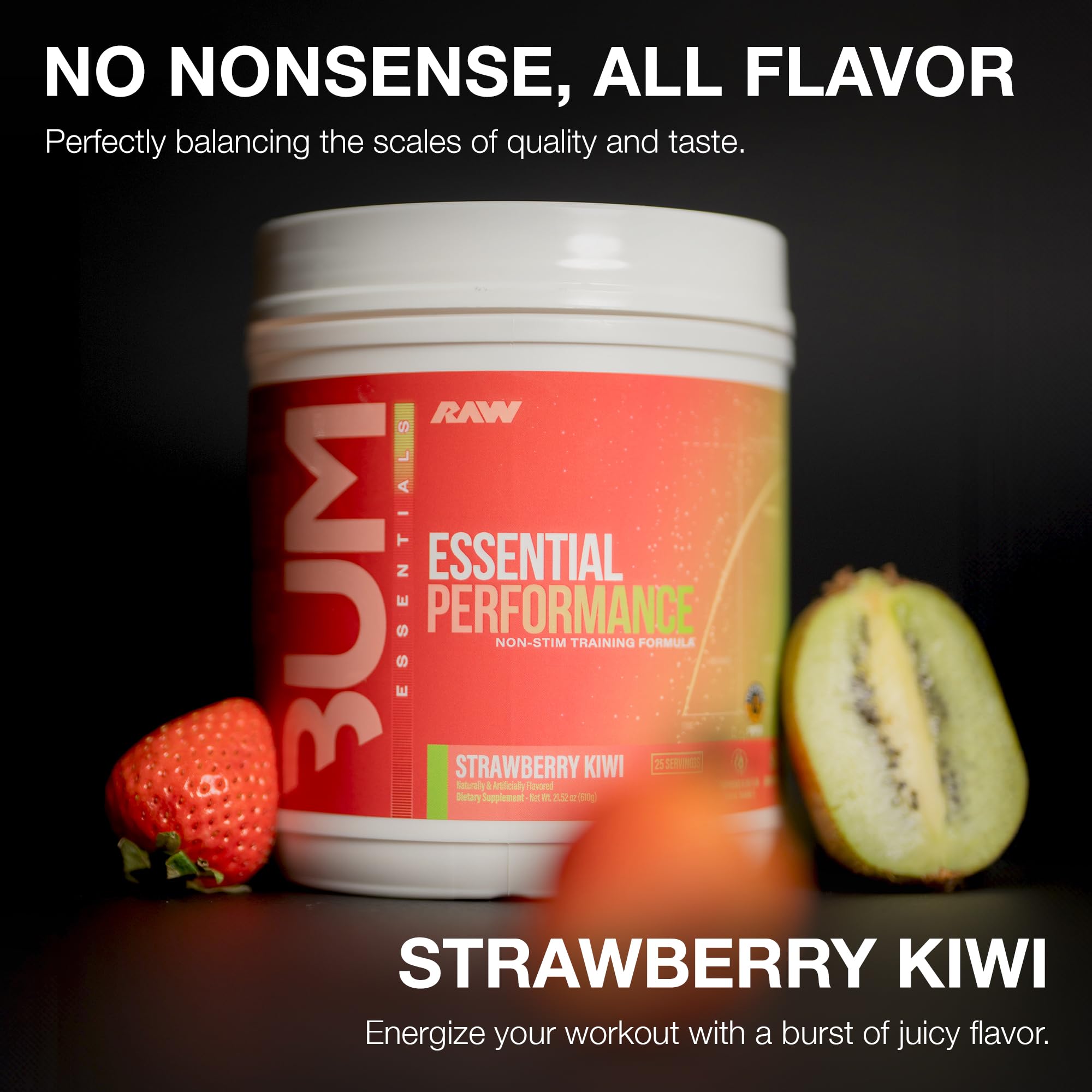 RAW Essential Performance creatine monohydrate close-up highlighting strength support.