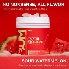 RAW Essential Performance pour image shows powder dissolving quickly in water.