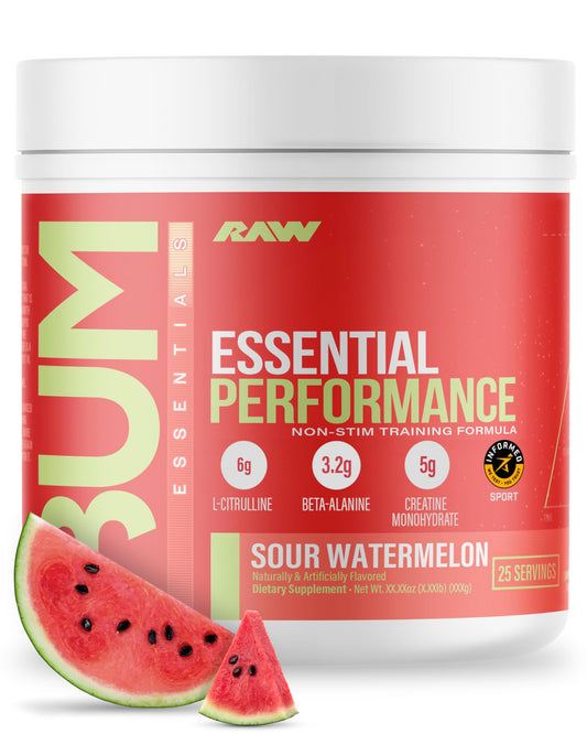 RAW Essential Performance stimulant-free pre-workout tub with Sour Watermelon flavor.