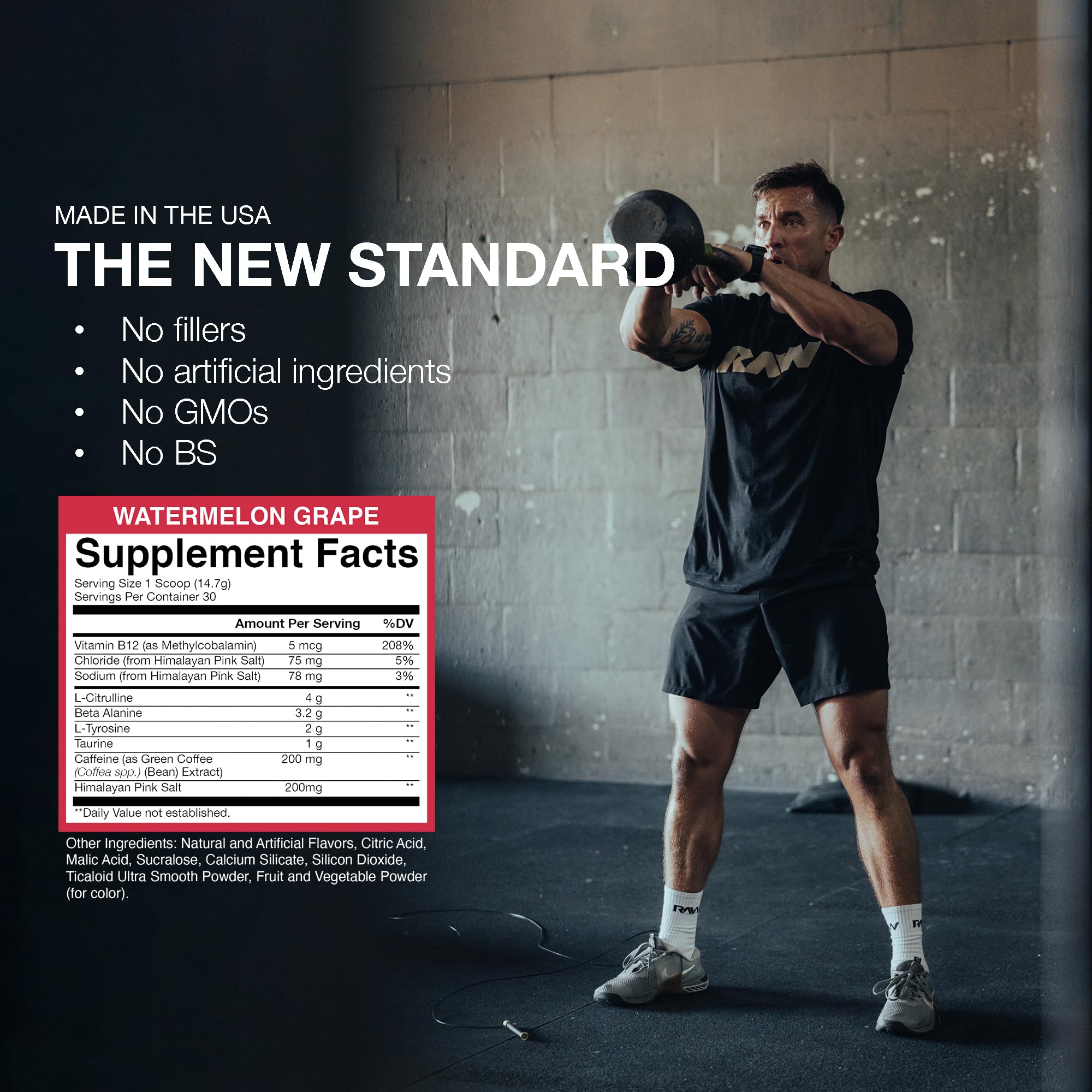 RAW Essential Pre-Workout bottle beside gym gear to imply daily training readiness