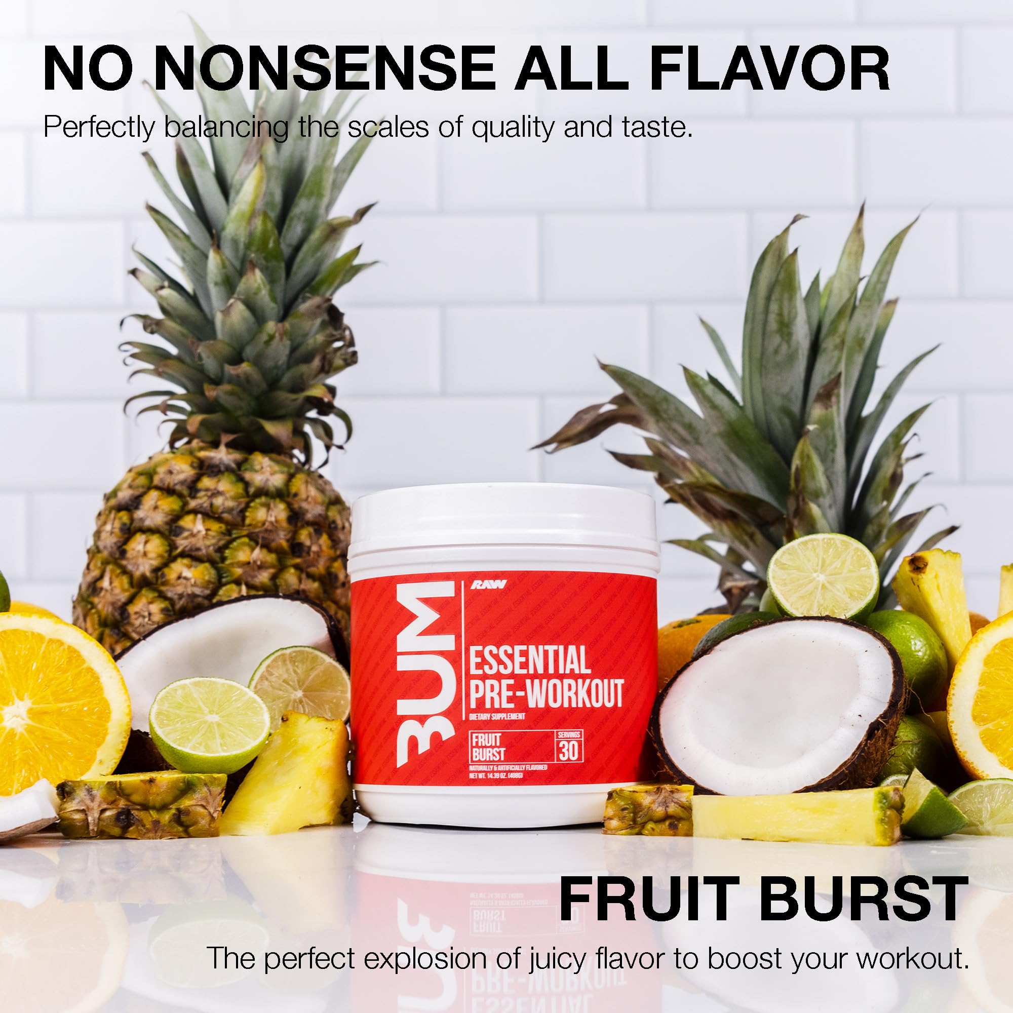 RAW Essential Pre-Workout Fruit Burst glass with powder mix ready for intense sessions