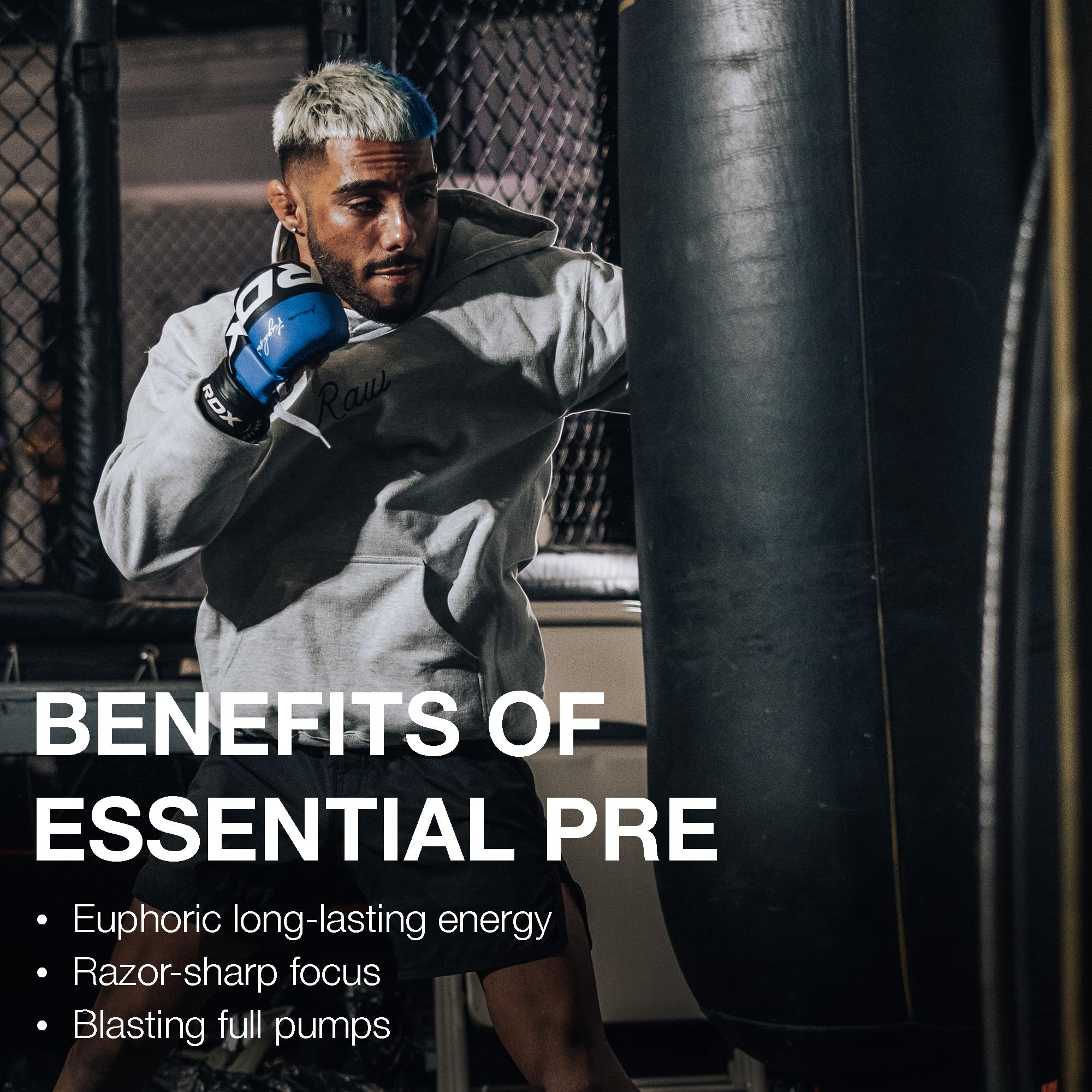 RAW Essential Pre-Workout Fruit Burst ingredients emphasize no artificial additives for clean energy