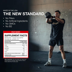 RAW Essential Pre-Workout Fruit Burst label close-up highlighting caffeine and L-Citrulline for focus