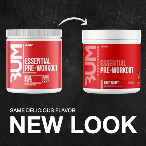 RAW Essential Pre-Workout Fruit Burst scoop ready for quick, effective pre-workout mix