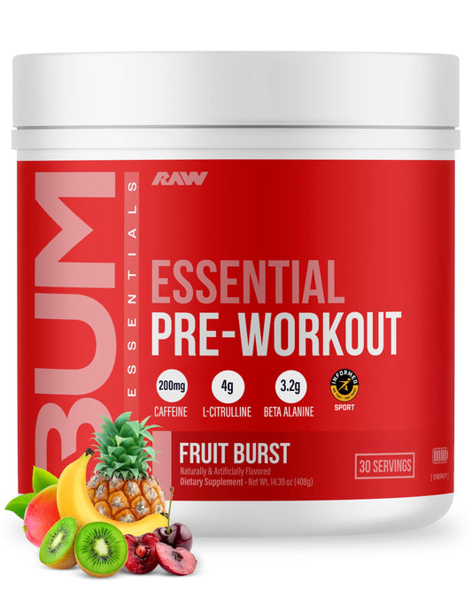 RAW Essential Pre-Workout Fruit Burst tub with clean label for energized workouts