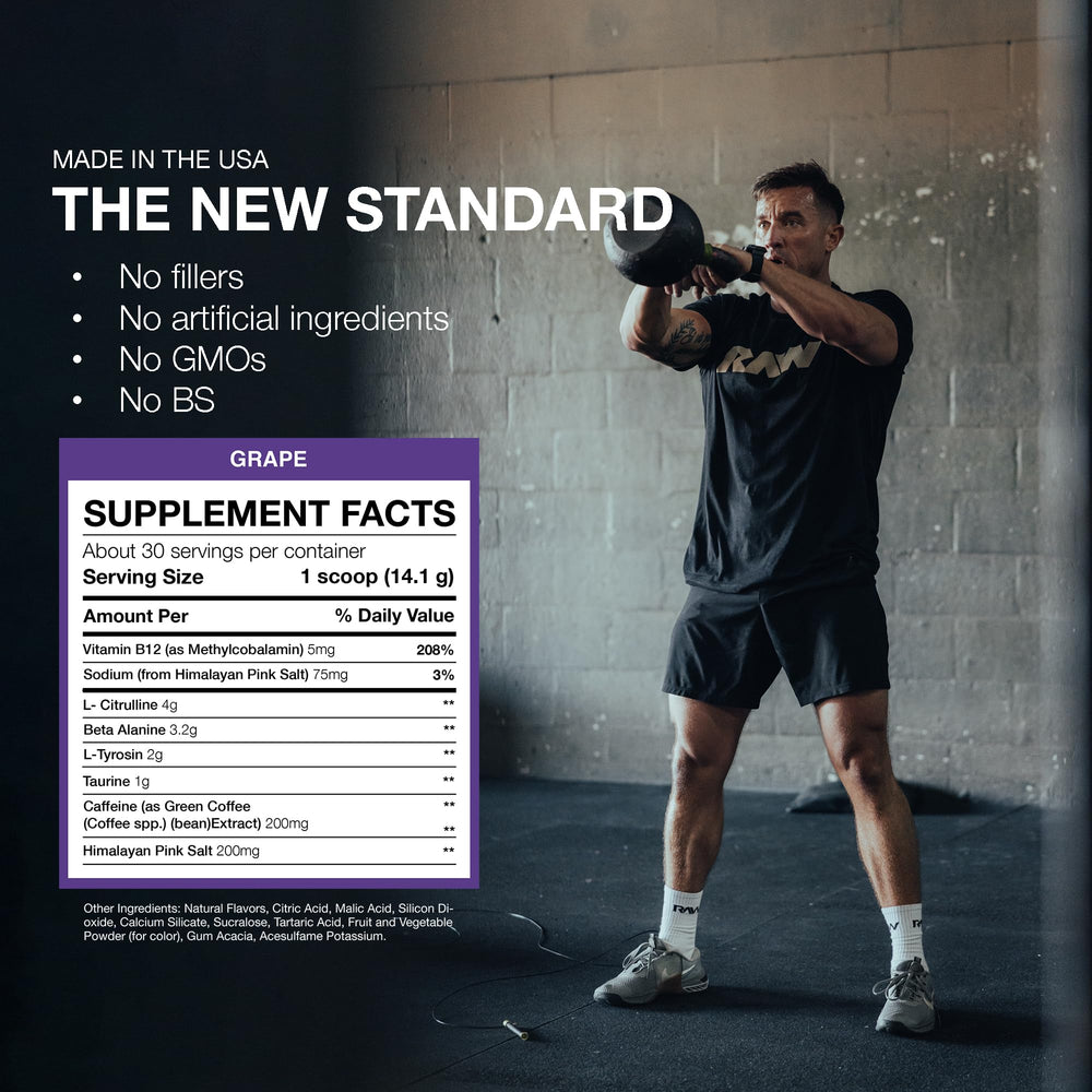 RAW Essential Pre-Workout grape bottle highlighting caffeine boost for energy.