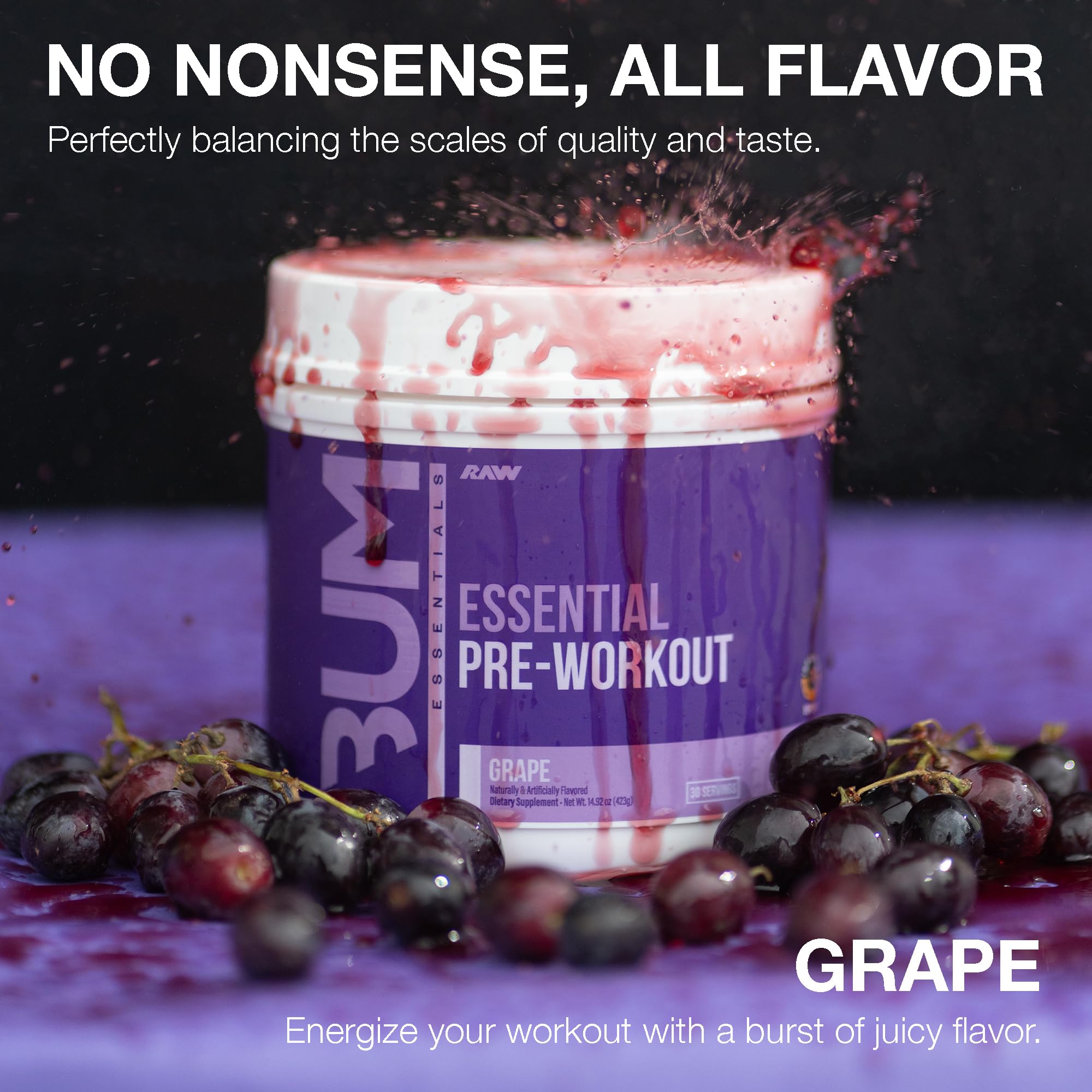 RAW Essential Pre-Workout grape powder dissolving into water for a smooth drink.