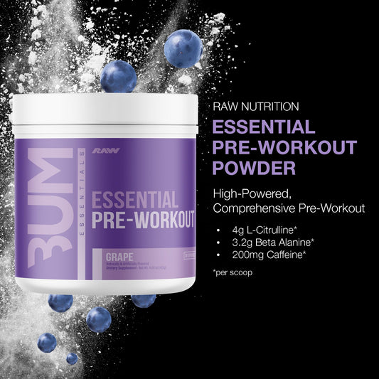 RAW Essential Pre-Workout grape scoop showing measured serving for consistent energy.