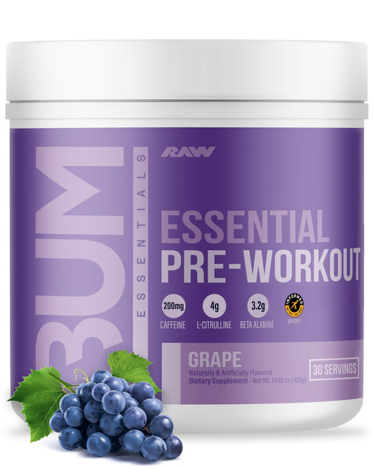 RAW Essential Pre-Workout grape tub highlighting flavor and 30 servings for fueling workouts.