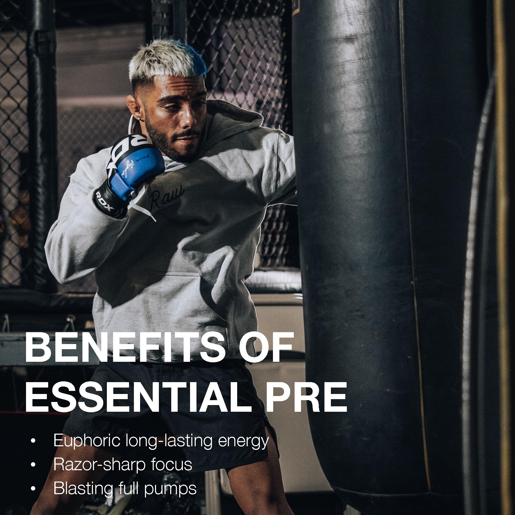 RAW Essential Pre-Workout grape USA-made quality sign.