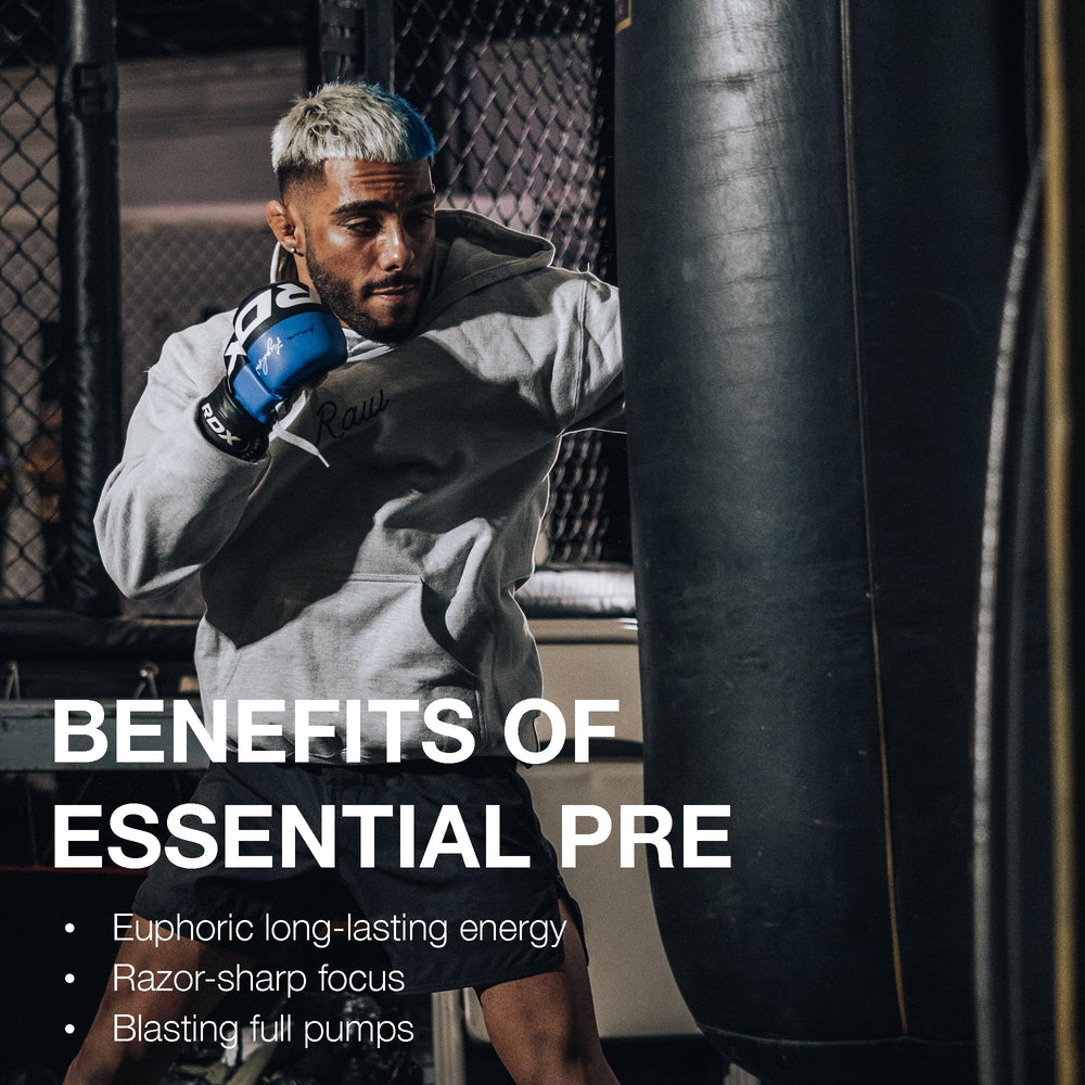 RAW Essential Pre-Workout grape USA-made quality sign.