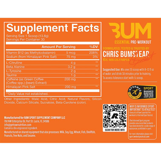 RAW Essential Pre-Workout Orange powder dissolving in water, signaling sustained endurance