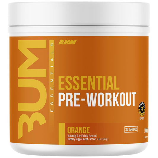 RAW Essential Pre-Workout Orange tub close-up for clean energy and focused workouts