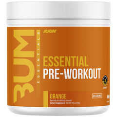 RAW Essential Pre-Workout Orange tub close-up for clean energy and focused workouts